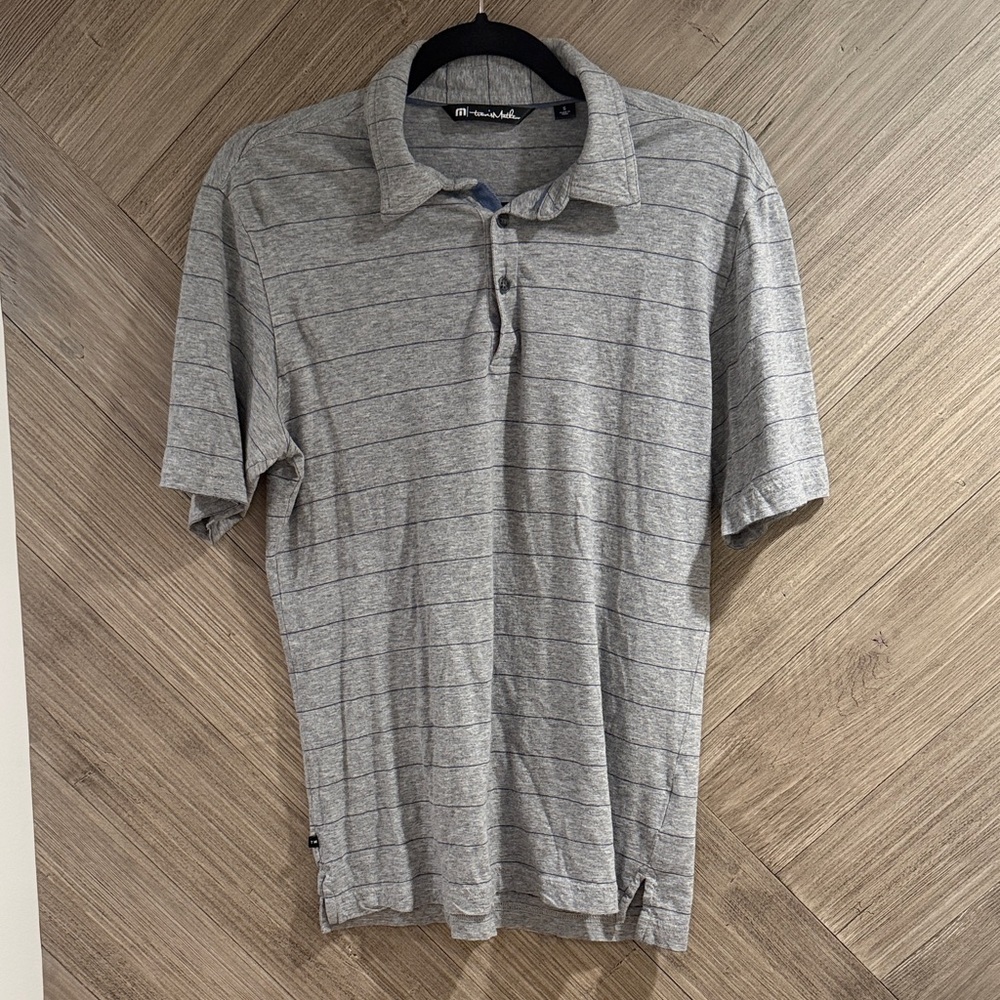 Men's Travis Mathew Gray w/ navy Striped Polo Shirt Sz small
